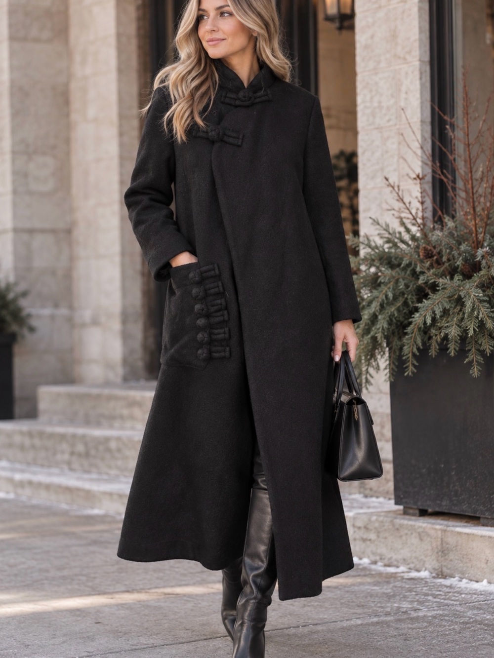Wool-Blend Long Black Coat with Decorative Frog Closures